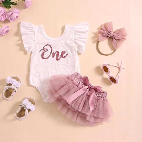 Baby Girls My 1st Birthday Outfits Long Sleeve Floral Lace Romper + Tutu Skirt + Headband Set in Saudi Arabia