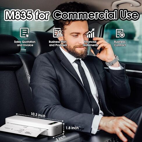 طابعة بدون حبر مطورة، طابعات M835 المحمولة لاسلكية للسفر، طابعة متنقلة تعمل بتقنية البلوتوث الحرارية المدمجة 300 نقطة في البوصة للهواتف الذكية التي تعمل بنظام Android iOS والكمبيوتر المحمول iPad، Letter/A4/4/3/2" in Kuwait