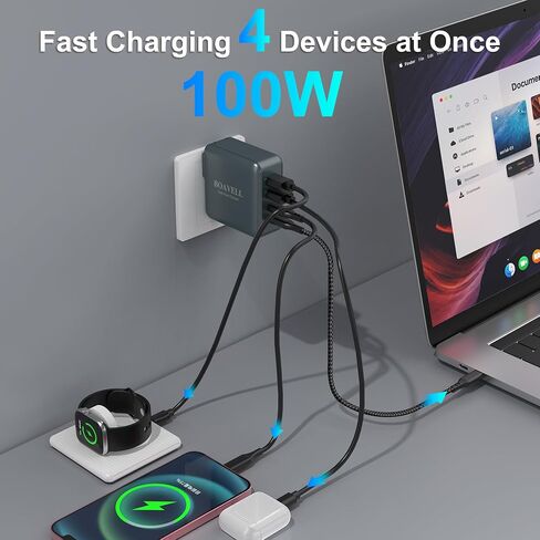 شاحن USB C، 4 منافذ قابلة للطي GaN 100W USB C مع كابل شاحن USB C 6FT 65W، شاحن حائط USB C شحن سريع لهاتف iPhone 15 14 13 12، MacBook، iPad، Galaxy والمزيد in Saudi Arabia
