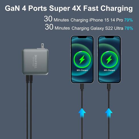 شاحن USB C، 4 منافذ قابلة للطي GaN 100W USB C مع كابل شاحن USB C 6FT 65W، شاحن حائط USB C شحن سريع لهاتف iPhone 15 14 13 12، MacBook، iPad، Galaxy والمزيد in Saudi Arabia
