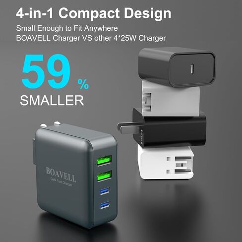 شاحن USB C، 4 منافذ قابلة للطي GaN 100W USB C مع كابل شاحن USB C 6FT 65W، شاحن حائط USB C شحن سريع لهاتف iPhone 15 14 13 12، MacBook، iPad، Galaxy والمزيد in Saudi Arabia