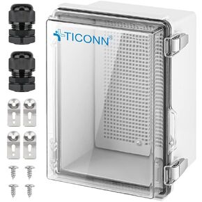 TICONN Waterproof Electrical Junction Box IP67 ABS Plastic Enclosure with Hinged Cover with Mounting Plate, Wall Brackets, Cable Glands (Clear, 5.9"x5.9"x3.5")