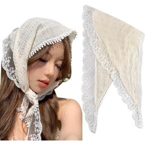 Floral Hair Scarf Headband for Women White Lace Hair Bandana Head Kerchief Tie Back Headwrap,Vintage Bandanas Scarf Boho Headbands Headscarf, Triangle Head Scarf Hair Accessories for Hair Styling
