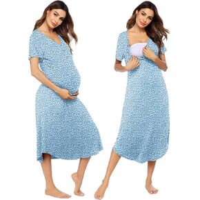 Ekouaer Maternity Nursing Nightgown Womens Short Sleeve V-Neck Breastfeeding Sleep Dress Long Gown for Pregnant