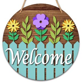 Flowers Welcome Sign-Fence Wood Sign-Welcome Door Sign-Round Hanging Plaque for Spring Home Front Door Wall Porch Indoor Outdoor Decoration-A26