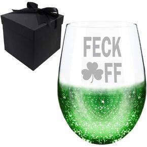 St. Patricks Day Gifts, Lucky Shamrock Irish Clover Stemless Engraved Green Wine Glass in Kuwait
