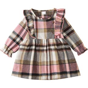 KMBANGI Toddler Baby Girls Plaid Dress Ruffle Long Sleeve Crew Neck Button A-Line One-Piece Dress Fall Winter Outfit Clothes