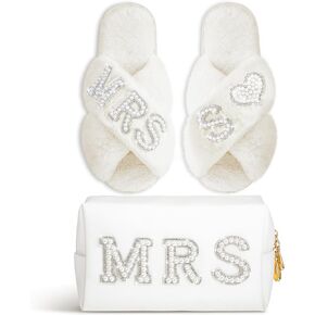 Xtinmee Personalized Initial Wedding Bride Slippers MRS Pearl Letter Makeup Bag Bridal Shower Gifts for Wedding Day (S)
