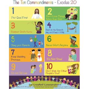 Beersheba Ten Commandments Poster for Kids (1,17" x 22") - For Church, Classroom, & Kids Bedroom - Includes Printable Lesson Plans & Memorization Booklet