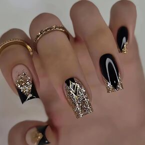 RTKHFZE Square Fake Nails French Tip Press on Nails Medium Length Black Glue on Nails Full Cover False Nails with Gold Glitter Designs French Nail Decorations for Women Girls 24PCS