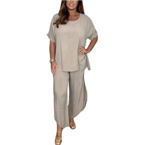 ECHOINE Womens Summer Outfits Cotton Linen 2 Piece Sets Short Sleeve Loose High Low T Shirt Ruffled Wide Leg Capri Pants Suit