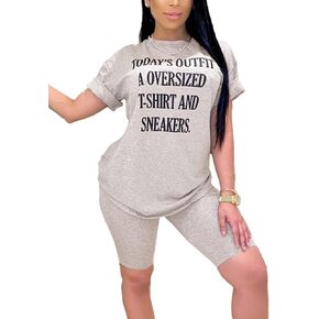 Chatinction Women's Casual 2 Piece Outfits Letter Print Short Sleeve T-Shirts Bodycon Shorts Clubwear