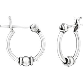 925 Sterling Silver 12mm Bead Center Bali Hoop Earrings with French Lock, Sold as a Pair