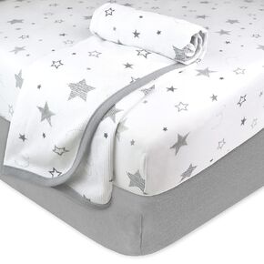 American Baby Company 100% Cotton Starter Set, Fitted Standard Crib Sheet (2 Pack) and a Swaddle Blanket, Super Star and Gray, for Boys and Girls