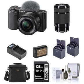 Sony ZV-E10 Mirrorless Vlog Camera with 16-50mm Lens, Black - Bundle with E 55-210mm f/4.5-6.3 OSS Lens, 128GB SD Card, Shoulder Bag, Extra Battery, Charger, 49mm & 40.5mm Filter Kit, Cleaning Kit