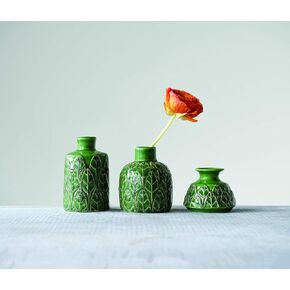 Green Embossed Stoneware Vases (Set of 3 Sizes)