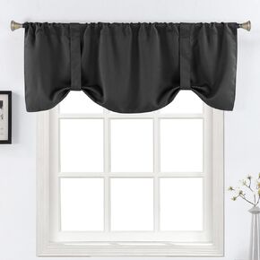 Home Queen Blackout Tie Up Curtain Valance, Bathroom Window Valence for Kitchen Bedroom,Straight and Wave Shape Available, 54 x 20 Inches, Black