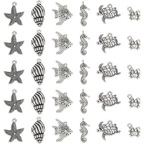 PH PandaHall 120pcs 6 Styles Ocean Animals Charms Golden Tibetan Alloy Starfish Sea Horse Mermaid Shell Fish Tortoise Pendants Charms for Wakiki Hawaii DIY Necklace Bracelet Making