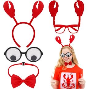 PHOGARY 4 PCS Funny Crazy Crab Costume Accessories with Crab Lobster Headbands Crayfish Claws Eyeglasses Googly Eye Glasses Red Bow Tie for Animal Cosplay Festival Party Role Play Summer Holiday