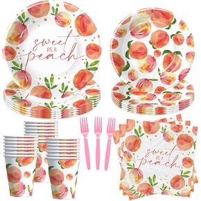 Peach Birthday Decorations Tableware - Sweet As A Peach Baby Shower Birthday Party Supplies, Paper Plate, Cup, Napkin, Disposable Fork, Fruit Peach 1st 2nd 3rd Birthday Decorations | Serves 24