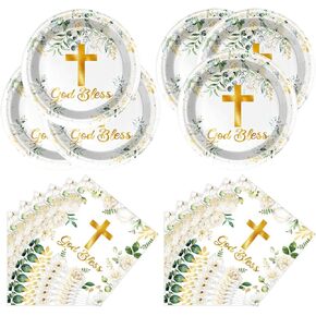 God Bless Tableware Set，First Communion 20 Plates and 20 Napkins,For Newborn Baptism Church Party Decoration