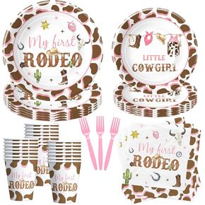 Western Cowgirl 1st Birthday Decorations Tableware - My First Rodeo Birthday Party Supplies Girl, Paper Plate, Cup, Napkin, Fork, Wild West One-Year-Old Birthday Table Decorations | Serve 24
