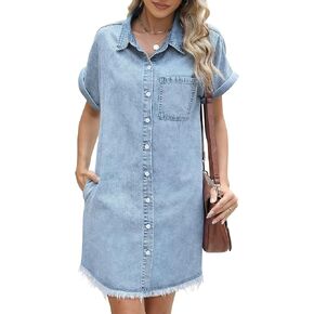 Denim Dress for Women 2024 Summer Dresses Loose Short Sleeve Button Up Jean Shirt Dress with Side Pockets Frayed Hem