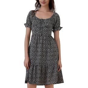 Womens Summer Ruffle Tiered Casual Flutter Short Sleeve Smocked Elastic Waist Tiered Mid-Length Model Dress