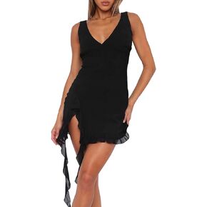 Women Sleeveless Sexy V Neck Bodycon Mini Dress Summer Side Slit Mesh Irregular Ruffle Hem Backless Short Dress