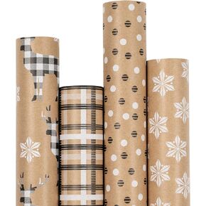 RUSPEPA Christmas Wrapping Paper, Kraft Paper - Deer, Snowflake and Plaid Style Designs - 4 Rolls - 30 inches x 10 feet per Roll