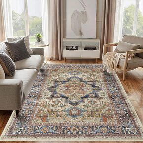 Vamcheer Machine Washable Area Rugs - 4'x6' Vintage Area Rug for Living Room, Bedroom, Home Office, Stain Resistant Non-Slip Backing Rugs, Ultra-Soft Floral Print Carpet, Green