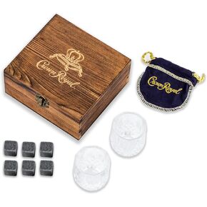 هدايا الويسكي لعيد الأب للرجال مجموعة من زجاج وحجر التاج الملكي من بوربون | مجموعة صندوق خشبي مكون من 2 كؤوس بحجم 2.7 أونصة مع 6 أحجار تبريد من صخور الويسكي | تتضمن الحقيبة المخملية ذات التاج الملكي المتوافقة in Kuwait