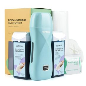 Waxkiss Roll On Wax Kit, Waxkiss Wax Roller Digital For Hair Removal, Soft Waxing Kit for Sensitive Skin, Wax Heater with 2 cartridges, 12 Wipes, 1 Pair Gloves and 100pcs Wax Strips
