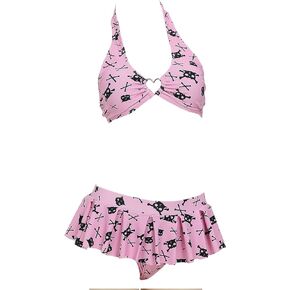 Thriller Kitten Skull Cat Print Swimsuit Heart Shaped Design Pink Skleteon Cat Two Piece Swimsuit
