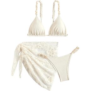 SHENHE Women's 3 Pieces Swimsuits with Lace Sarong Coverup Skirt Triangle Frilly Bikini Set