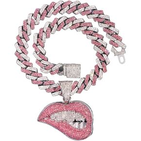 Iced Out Chain for Women Men, Cuban Link Chain, Hip Hop Pink Bite Lip Shape Pendant Necklace for Women with Bling Iced Out Silver Color Cuban Link Chain HipHop Necklace Jewelry