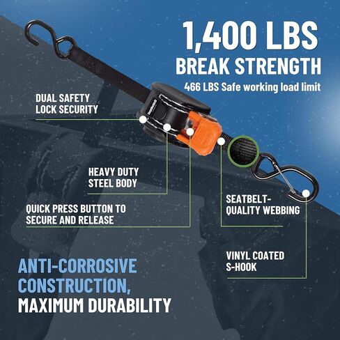 أشرطة سقاطة صغيرة G3 قابلة للسحب من كارجوباكل، قوة كسر 1400 رطل، عرض 2.54 سم × وصول 6 أقدام، أشرطة سقاطة تلقائية للمقطورات، وناقلات الألعاب، والمركبات الرباعية، والدراجات النارية - عبوتان in Kuwait