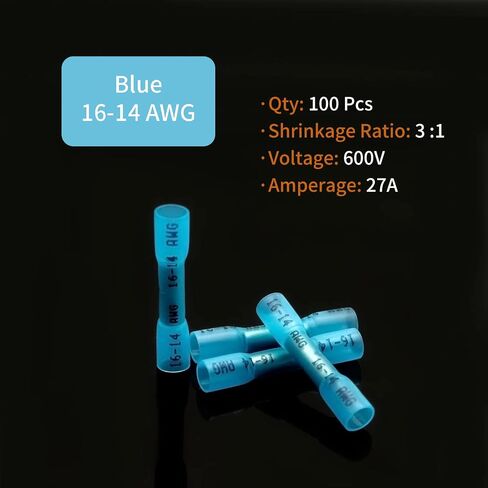 16-14 AWG موصلات بعقب قابلة للانكماش الحراري - 100 قطعة باللون الأزرق معزول مقاوم للماء سلك كهربائي للسيارات البحرية موصل لصق محطات أسلاك تجعيد in Kuwait