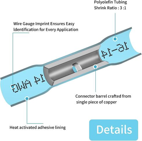 16-14 AWG موصلات بعقب قابلة للانكماش الحراري - 100 قطعة باللون الأزرق معزول مقاوم للماء سلك كهربائي للسيارات البحرية موصل لصق محطات أسلاك تجعيد in Kuwait