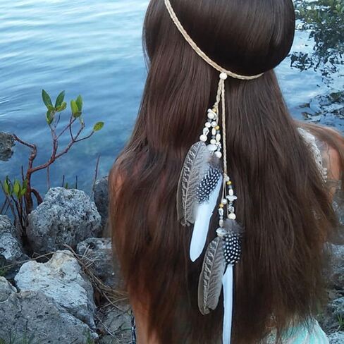 GORTIN بوهو الهندي ريشة عقال الأبيض ريشة Headbands الغجر الهبي أغطية الرأس مهرجان زي حفلة خوذة للنساء in Saudi Arabia
