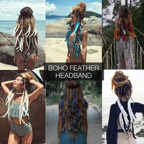 GORTIN بوهو الهندي ريشة عقال الأبيض ريشة Headbands الغجر الهبي أغطية الرأس مهرجان زي حفلة خوذة للنساء in Saudi Arabia