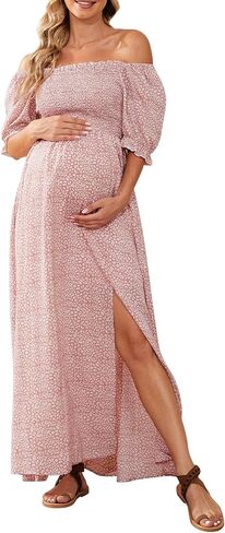 guruixu Floral Maxi Maternity Dress for Photoshoot and Baby Showe | Smocked Bodice, On or Off-Shoulder, Puff Sleeves, A-Line Flowy Sundress, Wedding Guest Vacation Beach Pregnancy Dress in Saudi Arabia