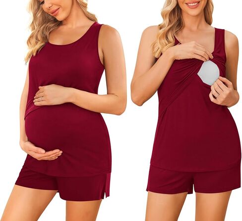 Ekouaer طقم بيجامة نسائية للرضاعة الطبيعية للرضاعة الطبيعية بطبقة مزدوجة بدون أكمام وشورت مع جيوب للحمل PJS in Kuwait