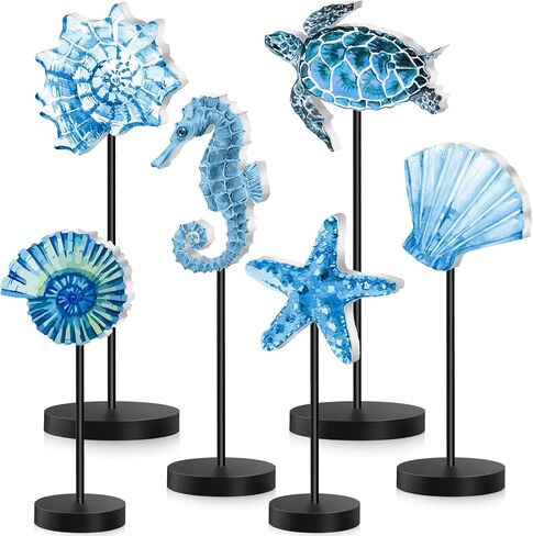 6 Pcs Summer Ocean Wood Table Sign Standing Wooden Starfish Sea Turtle Seashell Shell Tabletop Home Decor Rustic Wooden Tabletop Centerpiece Standing Block Decorations for Farmhouse Kitchen in Saudi Arabia