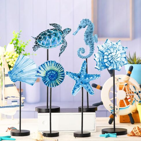 6 Pcs Summer Ocean Wood Table Sign Standing Wooden Starfish Sea Turtle Seashell Shell Tabletop Home Decor Rustic Wooden Tabletop Centerpiece Standing Block Decorations for Farmhouse Kitchen in Saudi Arabia