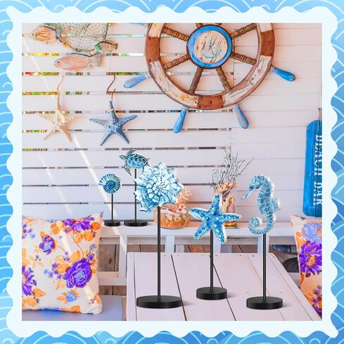 6 Pcs Summer Ocean Wood Table Sign Standing Wooden Starfish Sea Turtle Seashell Shell Tabletop Home Decor Rustic Wooden Tabletop Centerpiece Standing Block Decorations for Farmhouse Kitchen in Saudi Arabia