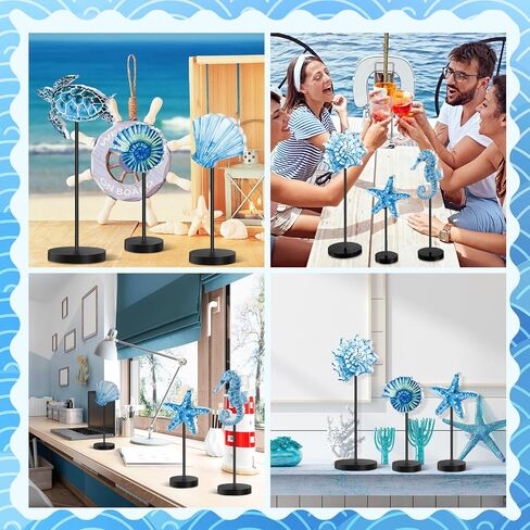 6 Pcs Summer Ocean Wood Table Sign Standing Wooden Starfish Sea Turtle Seashell Shell Tabletop Home Decor Rustic Wooden Tabletop Centerpiece Standing Block Decorations for Farmhouse Kitchen in Saudi Arabia