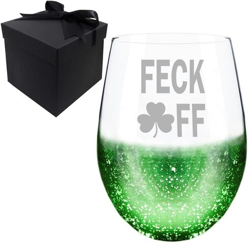 St. Patricks Day Gifts, Lucky Shamrock Irish Clover Stemless Engraved Green Wine Glass in Kuwait