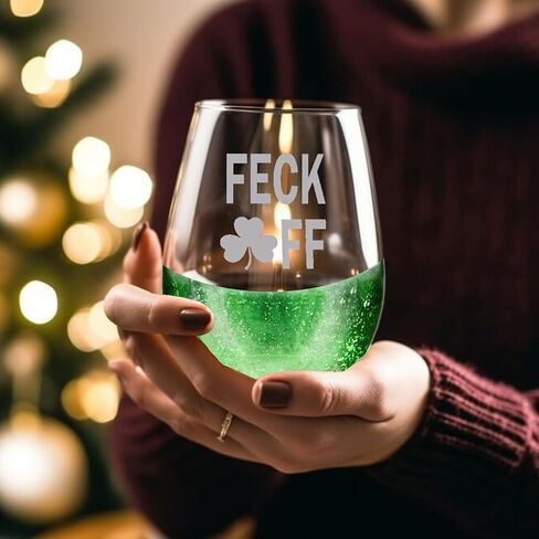 St. Patricks Day Gifts, Lucky Shamrock Irish Clover Stemless Engraved Green Wine Glass in Kuwait