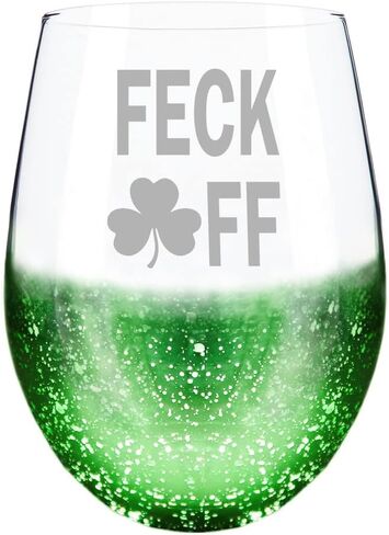 St. Patricks Day Gifts, Lucky Shamrock Irish Clover Stemless Engraved Green Wine Glass in Kuwait